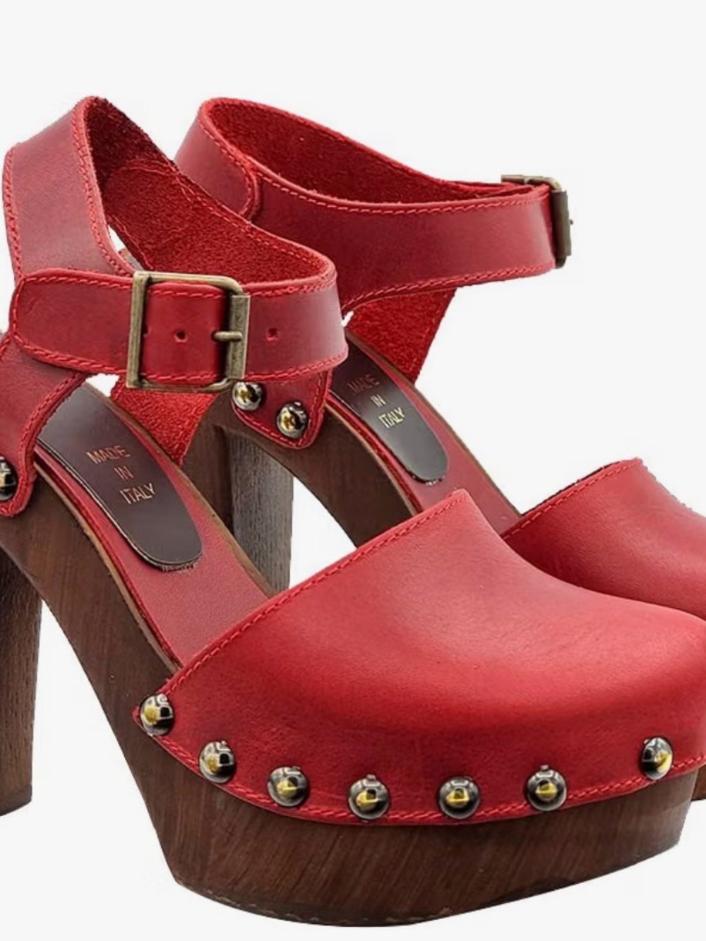 My Clogs Red Leather Platform Sandal Clog with Ankle Strap Size 8.5 US 39 EU